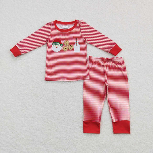 BLP0390 Embroidered Santa Cookie Milk Red Striped Long Sleeve Pants Suit