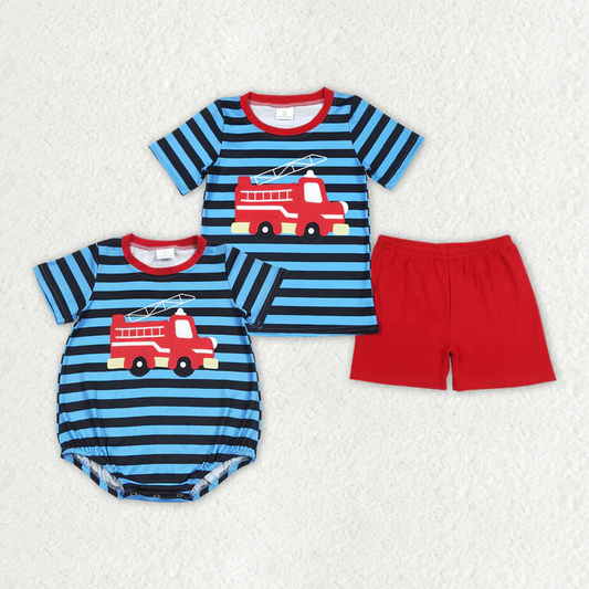 RTS Baby Boys Short Sleeve Firetruck Shirts Shorts Rompers Brother Clothes Sets