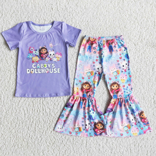 E5-13 Girl Cartoon Cat Purple Pants Suit