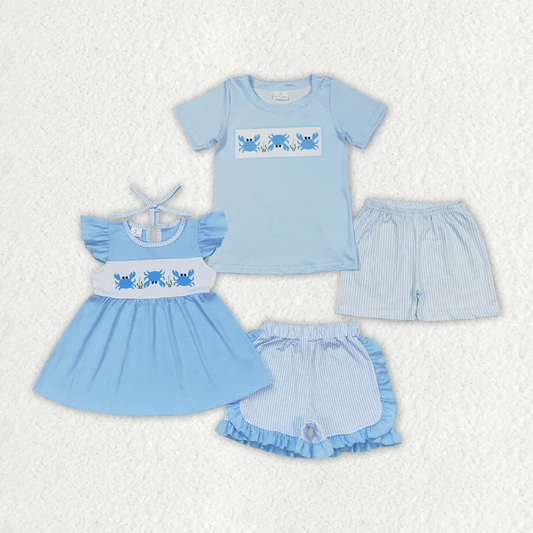 RTS Baby Girls Boys Crab Top Stripes Sibling Summer Clothes Sets