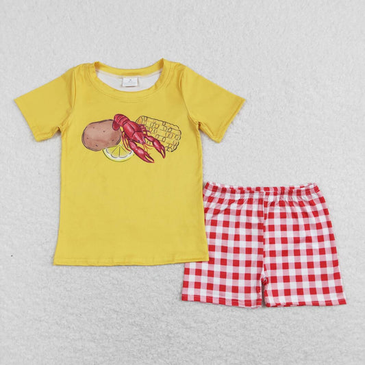 RTS NO MOQ（In Stock) Potato Crayfish Corn Yellow Short Sleeve Red and White Plaid Shorts Suit
