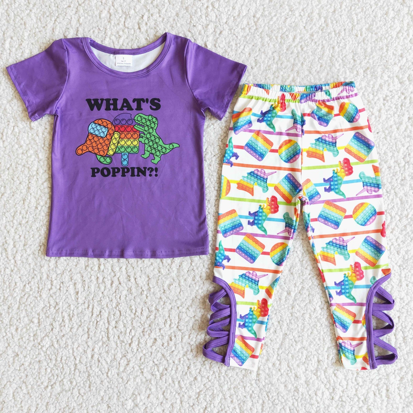 E6-19 Girls Purple Colorful Ball Dinosaur Pants Suit