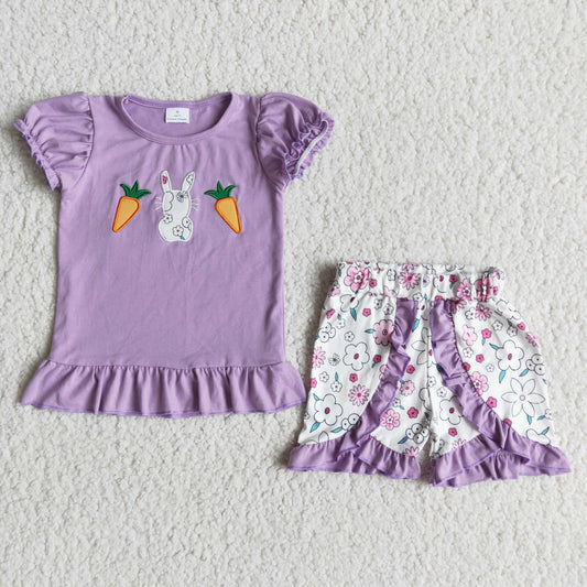 E6-20 Girls Embroidered Easter Bunny Purple Lace Shorts Set