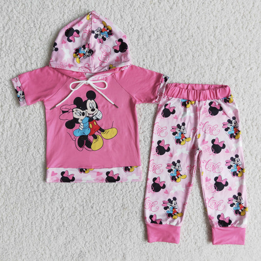 E6-27 Girls Mickey Hooded Short Sleeve Pants Suit