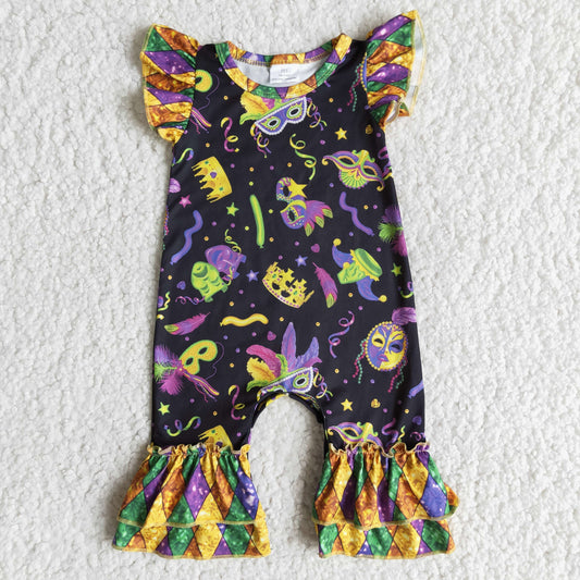 RTS NO MOQ（In Stock ) E7-14 baby mardi gras flying sleeve romper milk silk