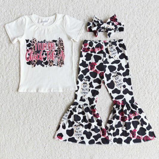 E7-2 White Short Sleeve Cow Spot Flared Pants with bow outifts