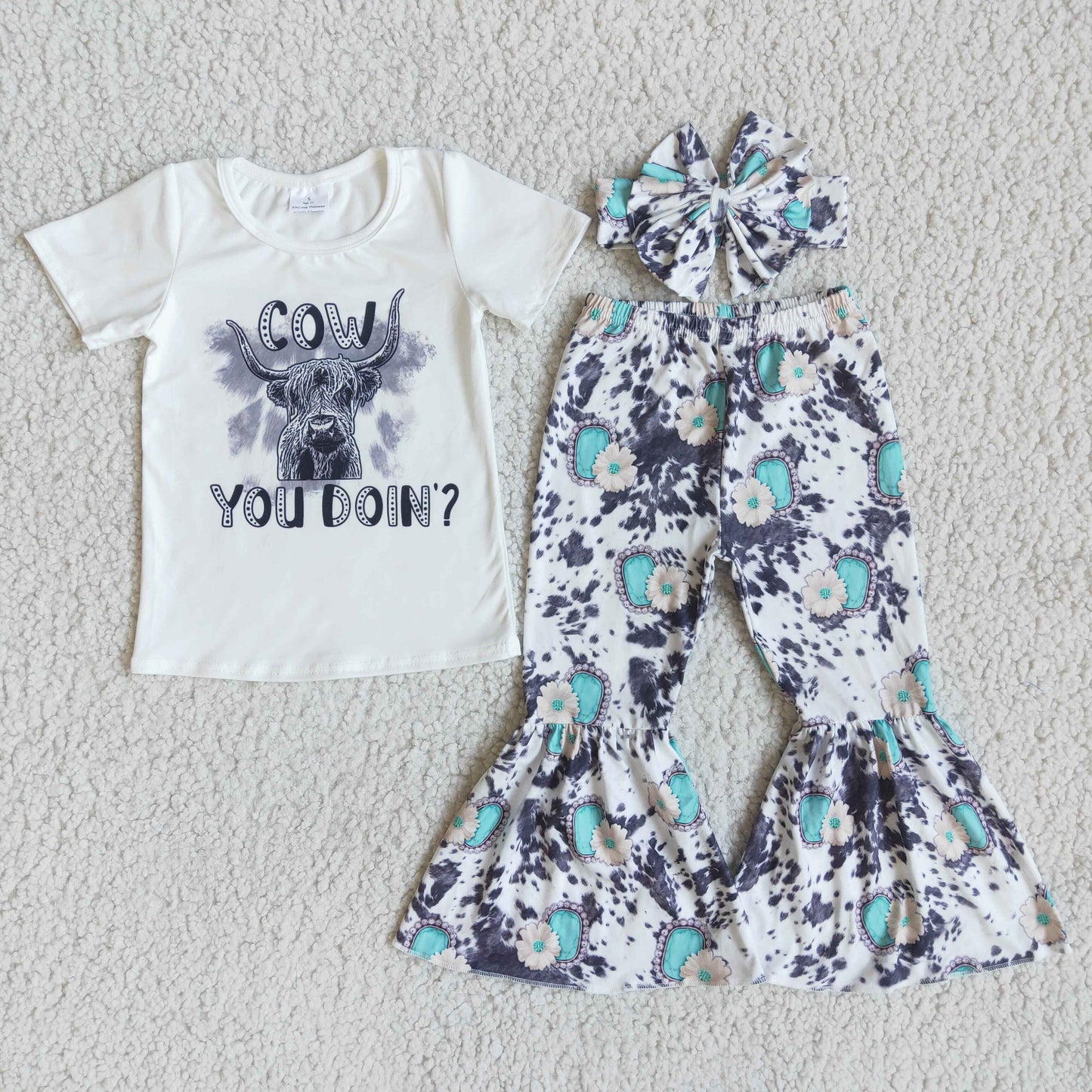 E9-30 Kids Clothing Girls Short Sleeve Top And Long Pants Cow Print