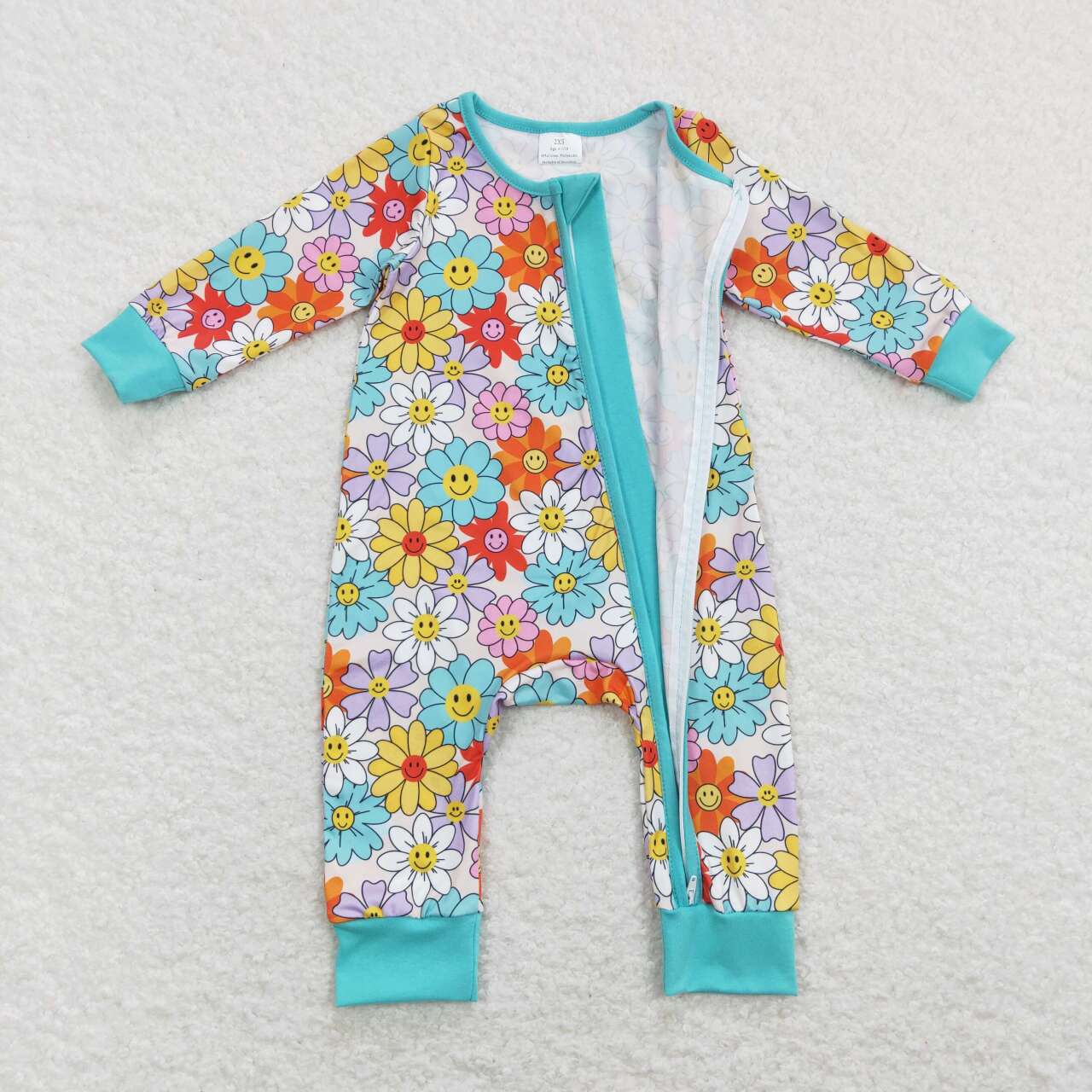 LR0899 Flower Smiley Blue Zip Long Sleeve Jumpsuit