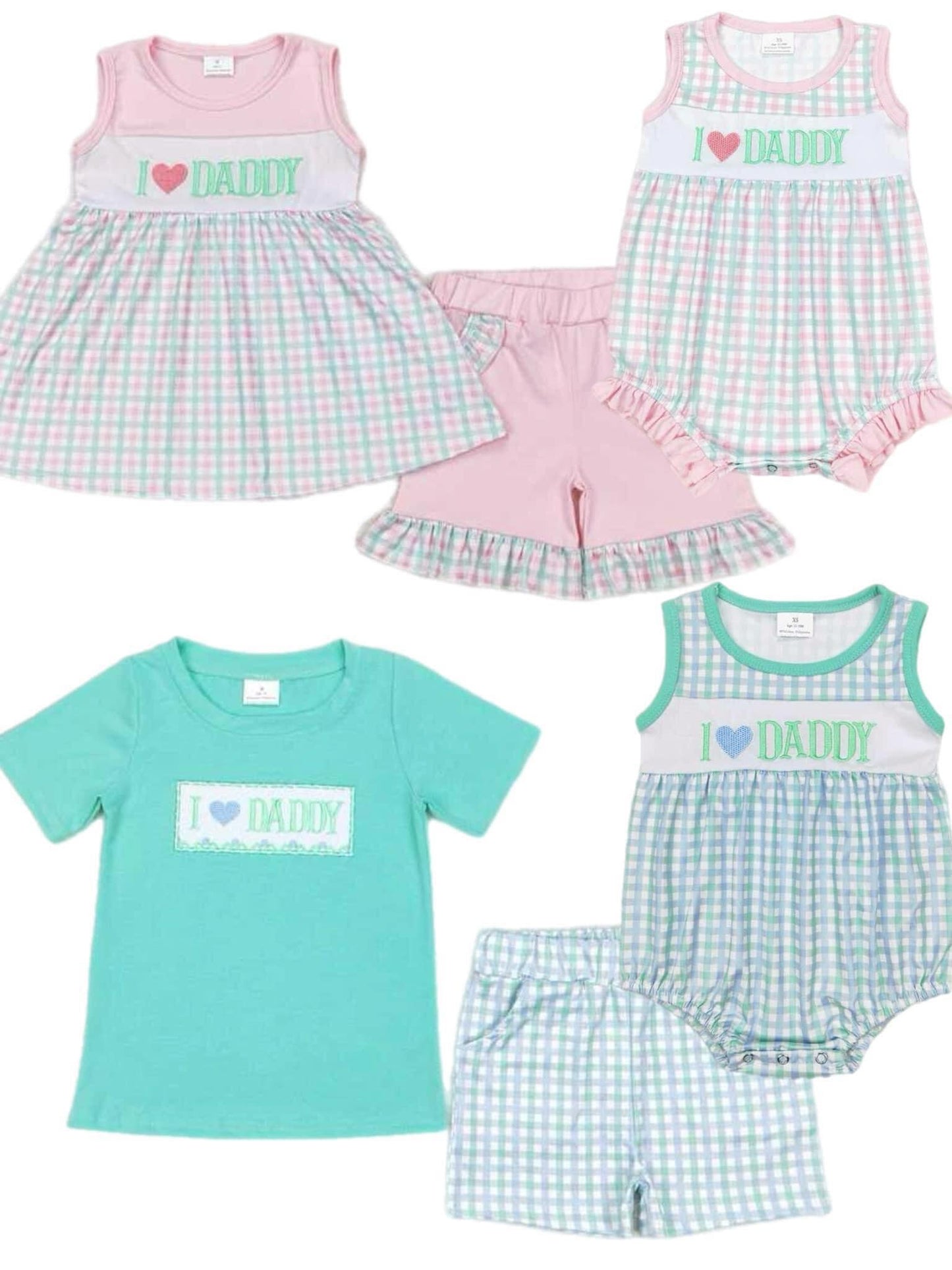 I love daddy Embroidery letters blue green plaid Sibling Sister Clothes Sets