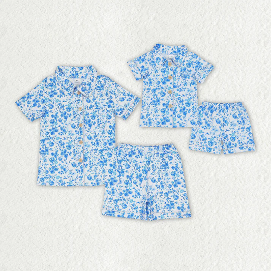 RTS Mommy and Me Family Baby Girls Blue Flowers Shirts Ruffle Shorts Pajamas Clothes Sets