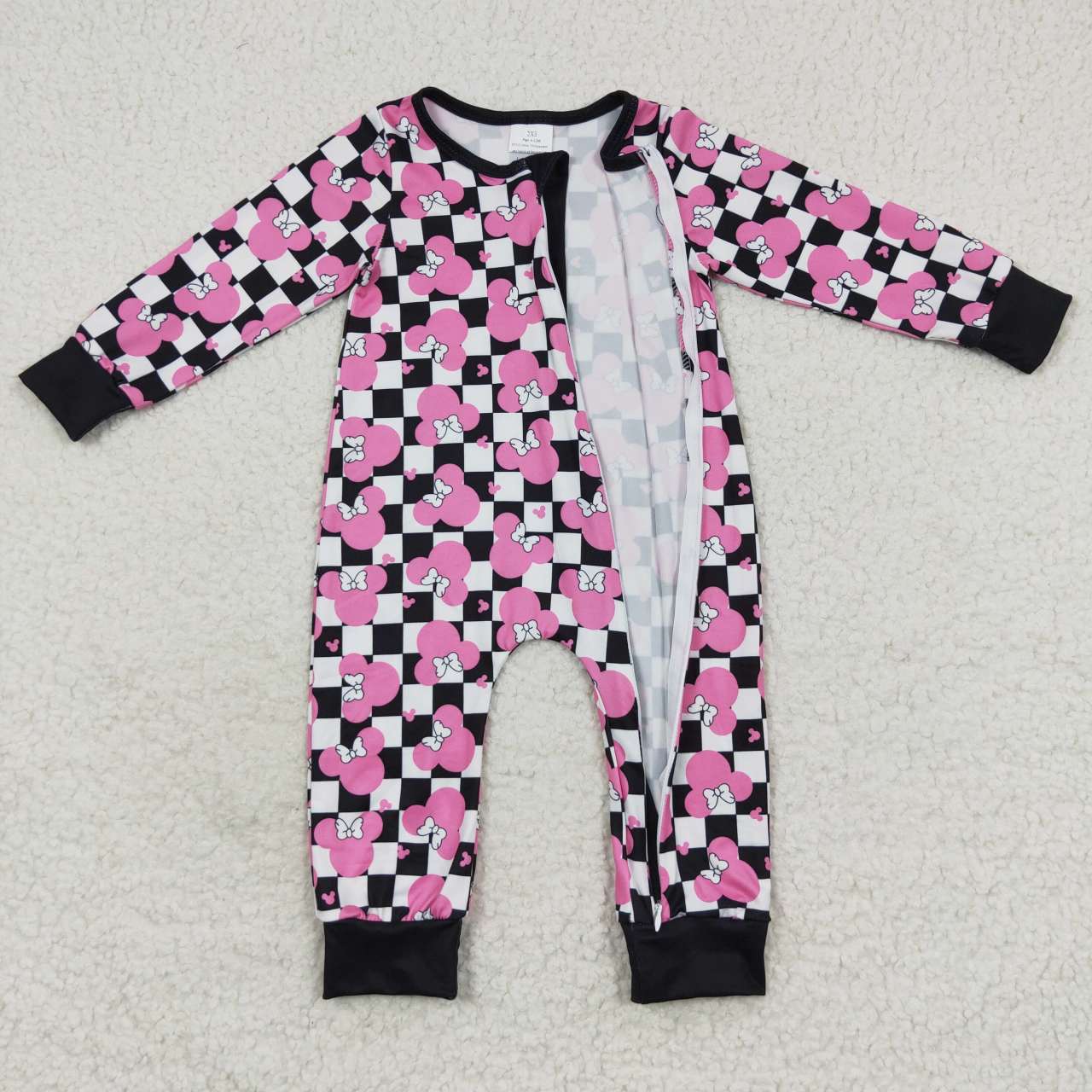 LR0478 Bowknot rose red Mickey black and white plaid zipper long-sleeved jumpsuit