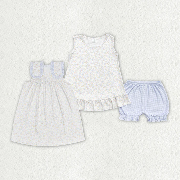 RTS Baby Girls Blue Small Flowers Sibling Sister Clothes Sets Dresses
