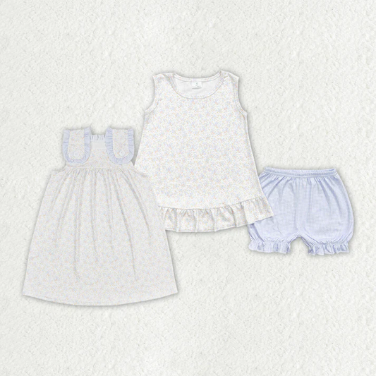 RTS Baby Girls Blue Small Flowers Sibling Sister Clothes Sets Dresses