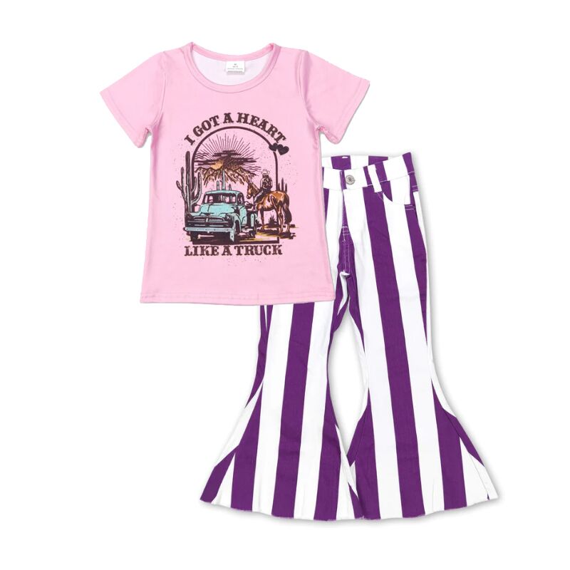 P0331 Purple and white striped denim trousers+GT0406 I got a heart like a truck riding truck pink short sleeve top