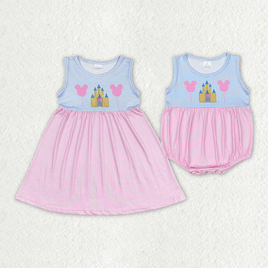 RTS NO MOQ Baby Girls Pink Castle Sibling Sister Rompers Dresses