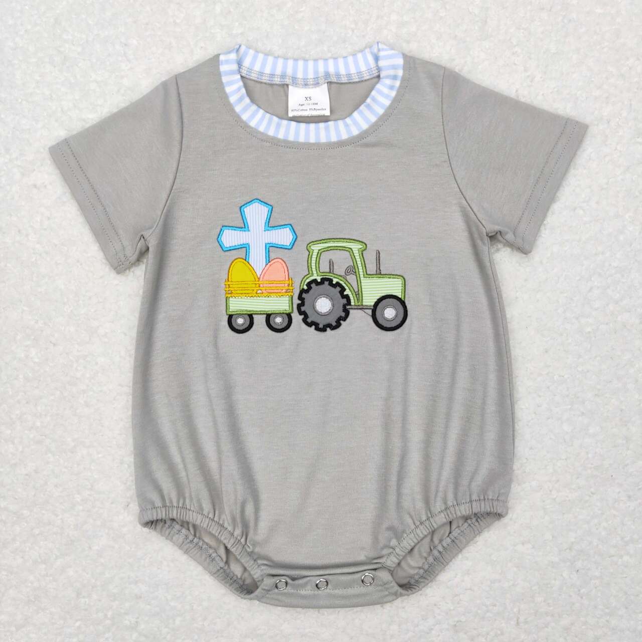 SR0490 Embroidered cross tractor blue and white striped trim gray short-sleeved jumpsuit