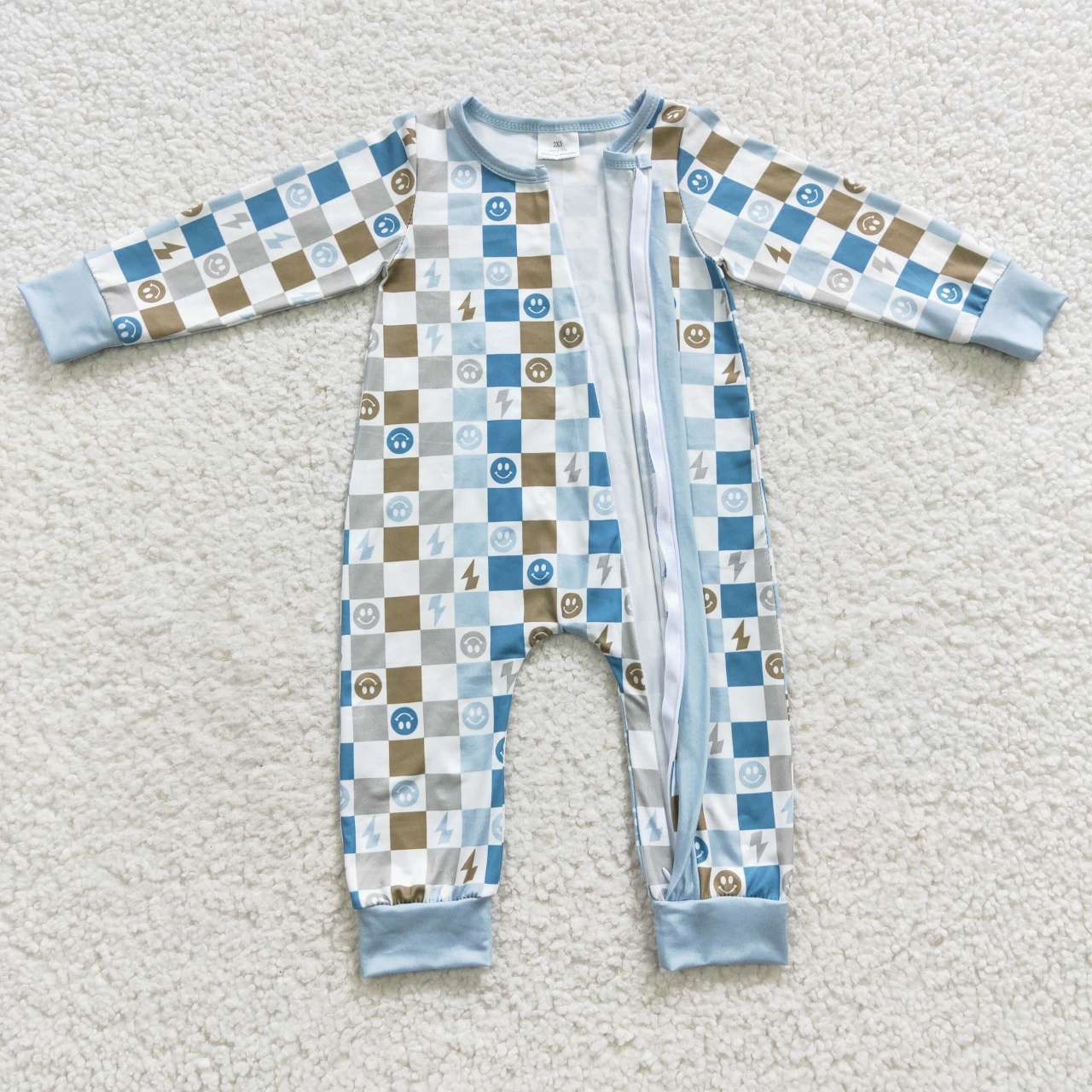 LR0313 Smiley Lightning Plaid Blue Zipper Long Sleeve Bodysuit