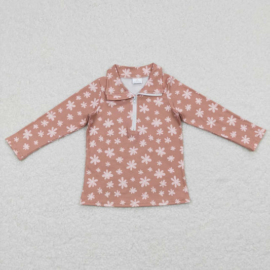 GT0363 Pink flower light brown zipper long-sleeved top