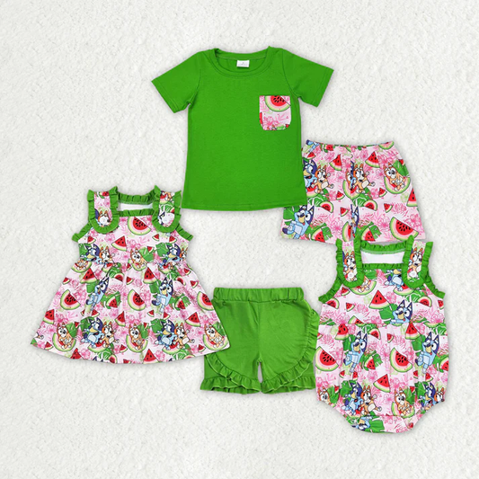 RTS NO MOQ Baby Girls Watermelon Dogs Sibling Brother Rompers Clothes Sets
