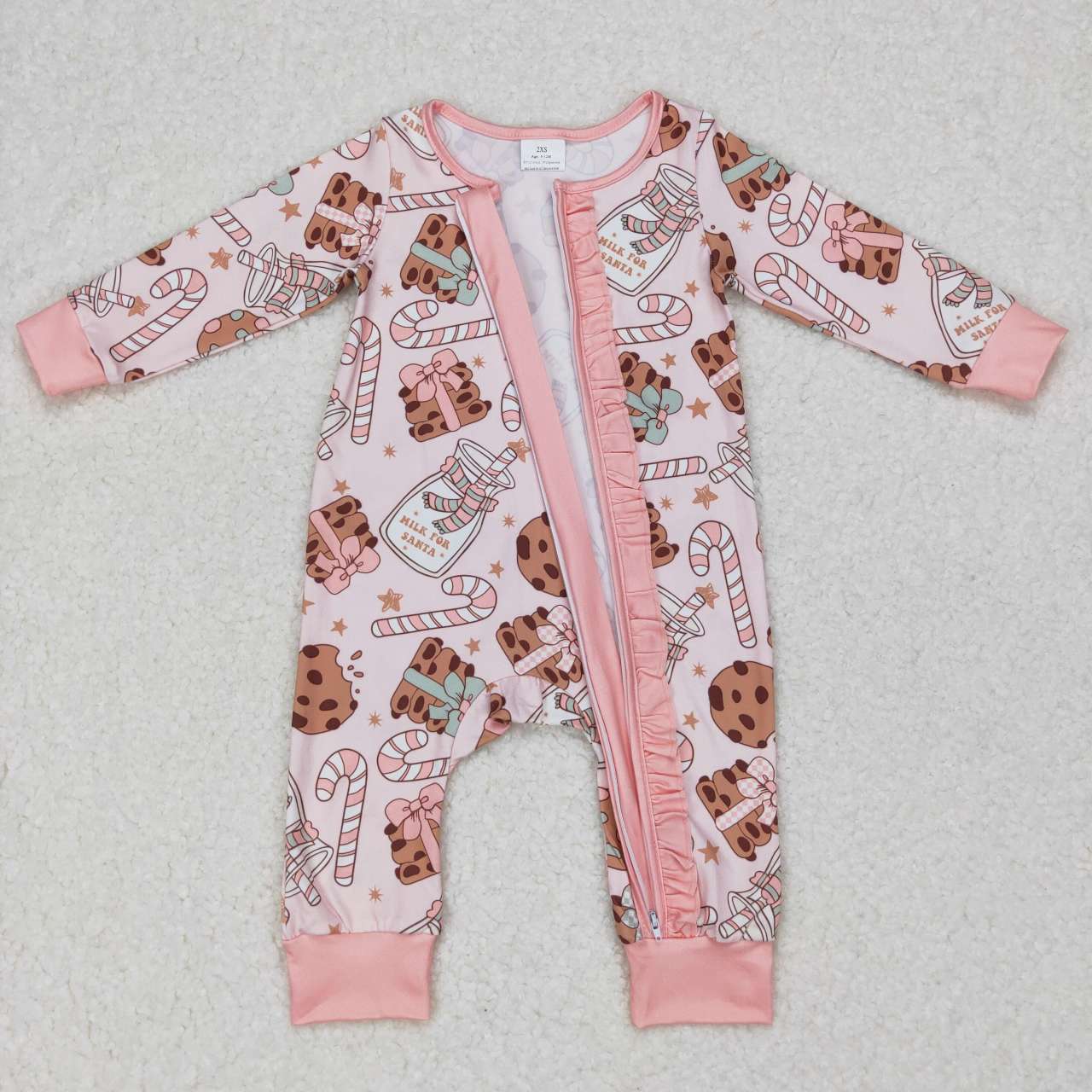 LR0630 Milk Cookie Bottle Cane Pink Lace Zipper Long Sleeve Jumpsuit