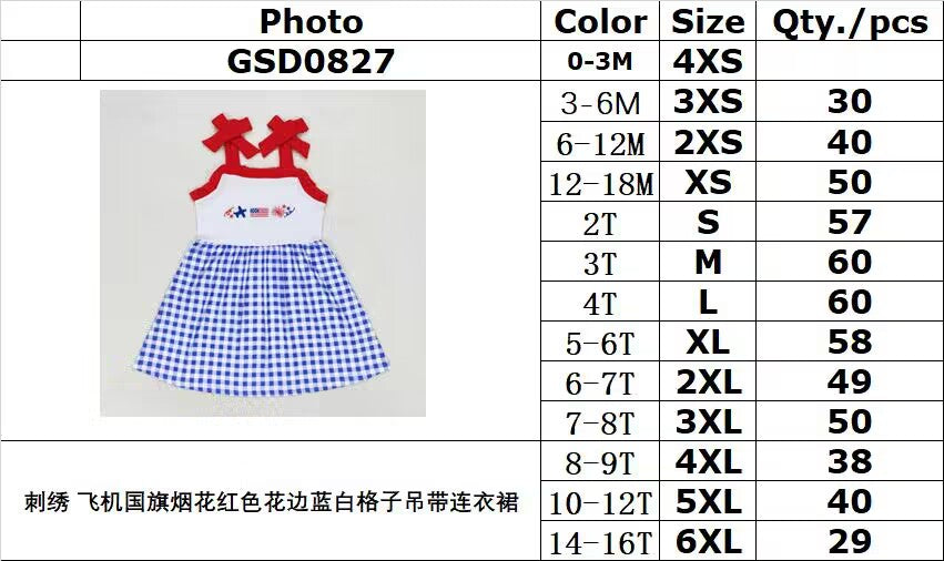 RTS no moq GSD0827 Embroidered airplane flag fireworks red lace blue and white plaid suspender dress