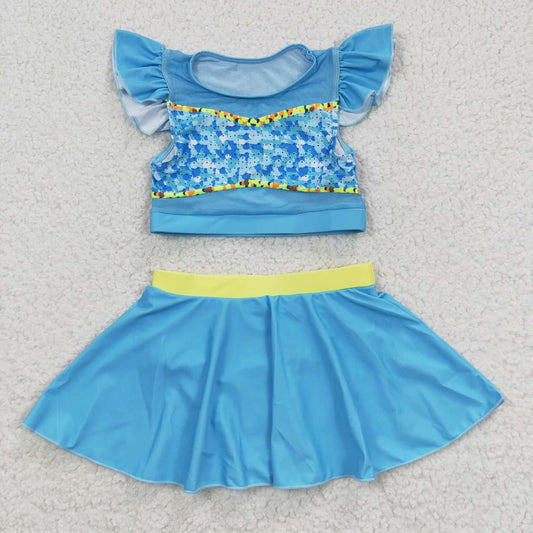 S0148 Blue Sequined Tulle Skirt Swimsuit Set