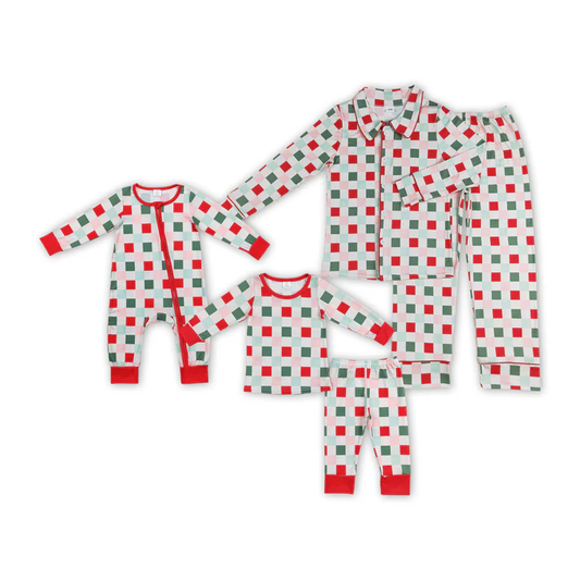 RTS Mommy And Me Red Green Pink Plaid Print Christmas Family Matching Pajamas Clothes