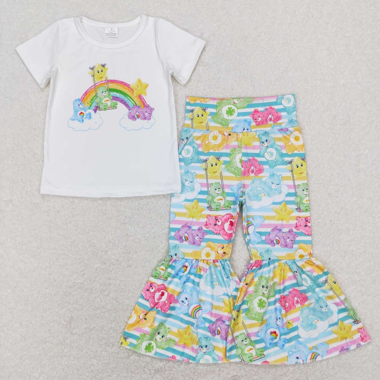 GSPO1189 Cartoon bear star rainbow white short sleeve colorful striped trousers suit