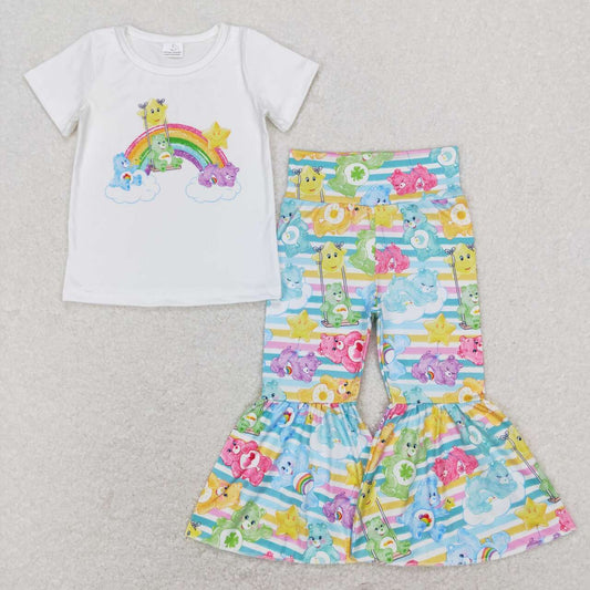 GSPO1189 Cartoon bear star rainbow white short sleeve colorful striped trousers suit