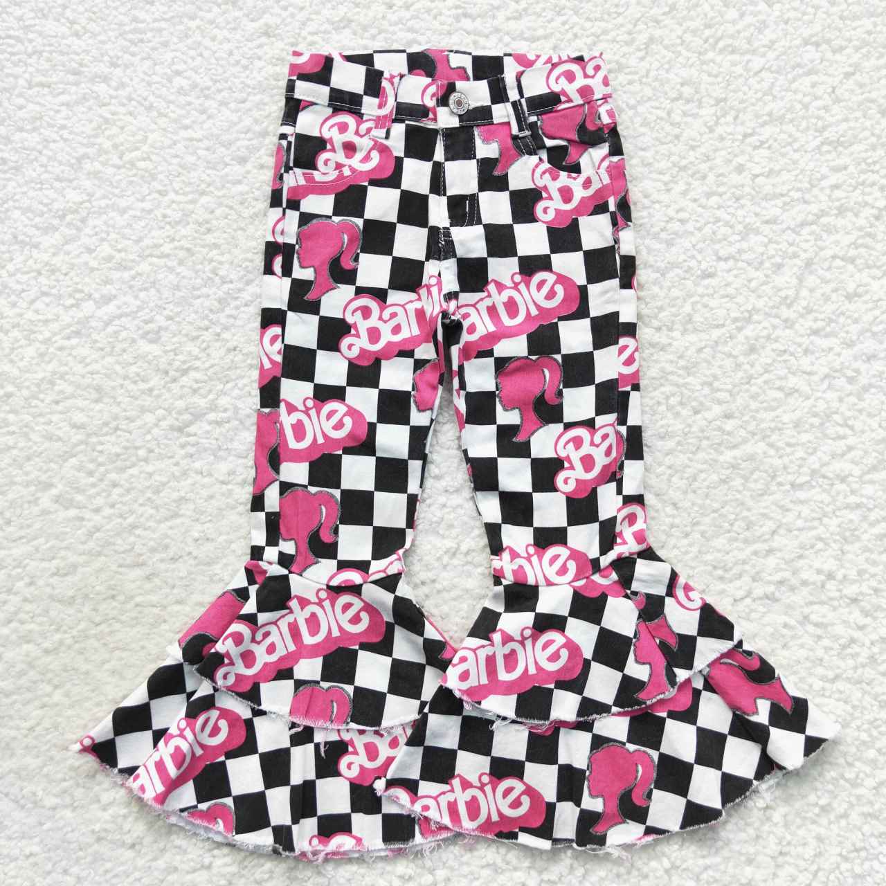 P0243 Cartoon barbie black and white plaid denim trousers