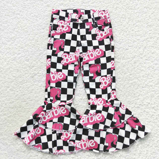 P0243 Cartoon barbie black and white plaid denim trousers