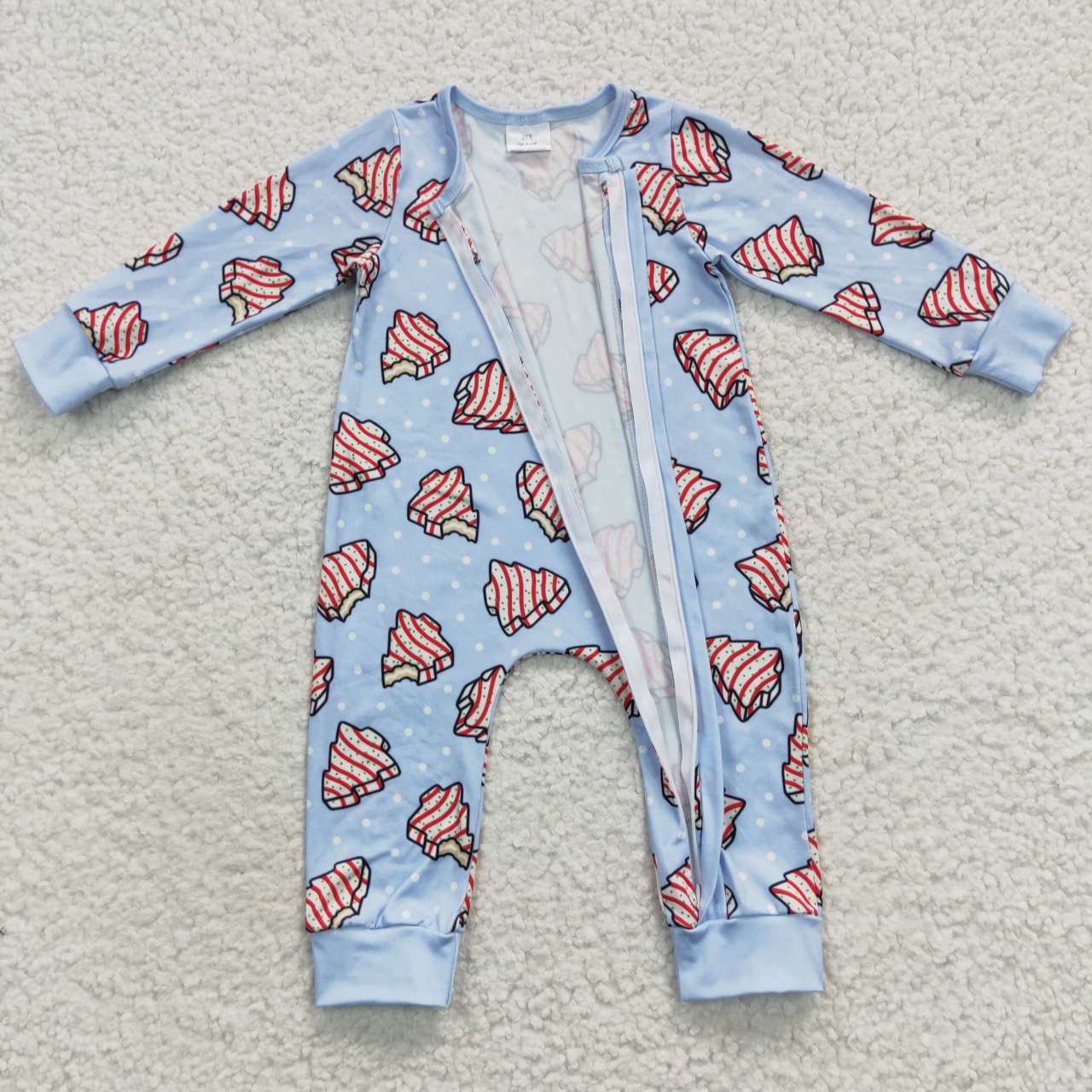 LR0345 Christmas Tree Cookie Polka Dot Light Blue Zipper Long Sleeve Bodysuit