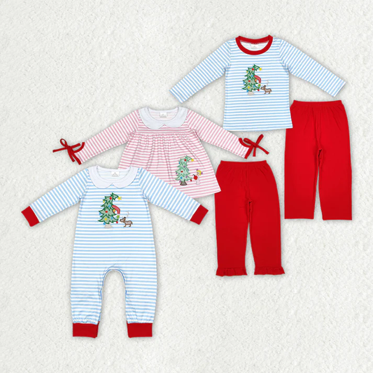 RTS NO MOQ Girls Boys Christmas Tree Dog Top Pants Clothes Sets Christmas tree embroidery