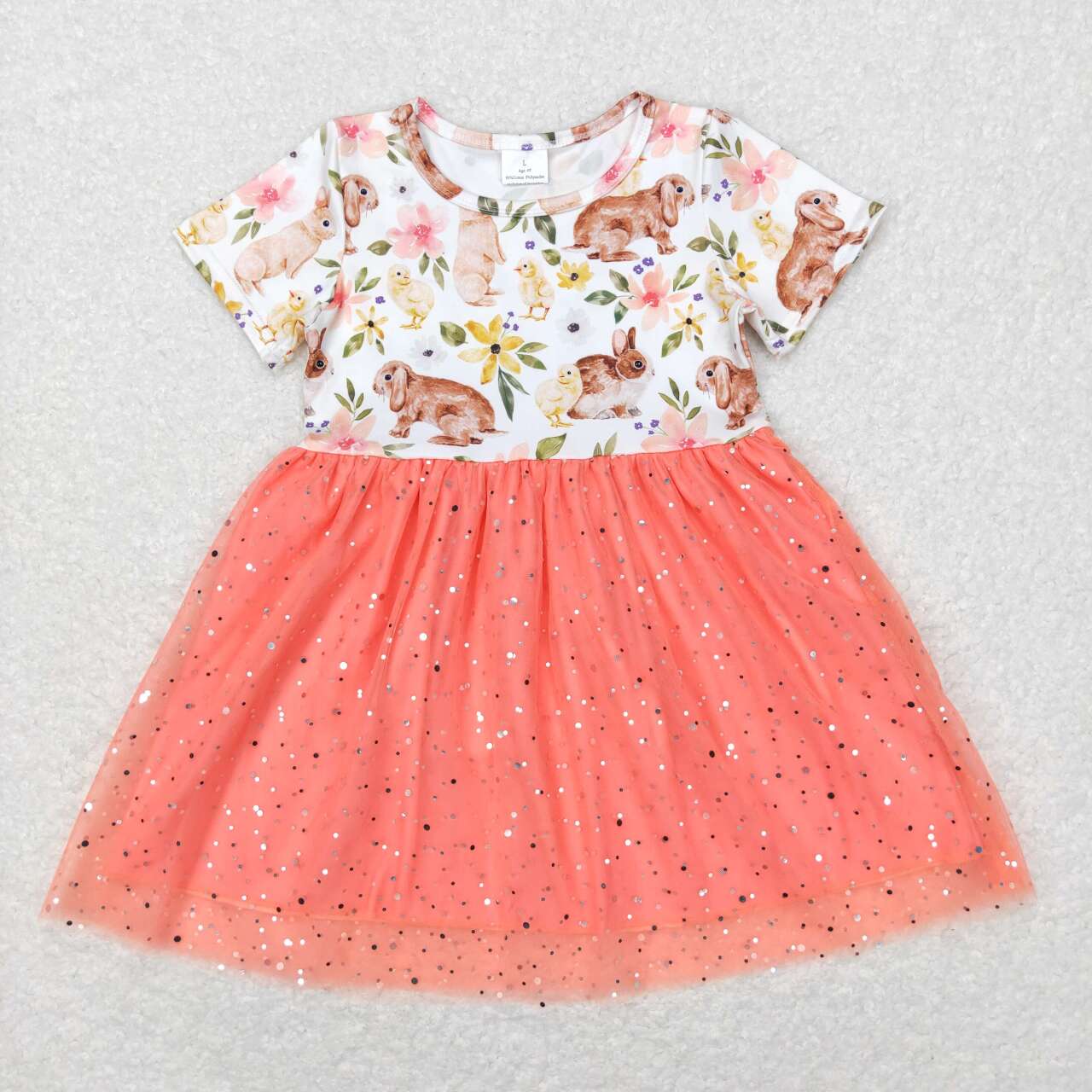 GSD0605 Flower rabbit sequined orange-red gauze short-sleeved dress