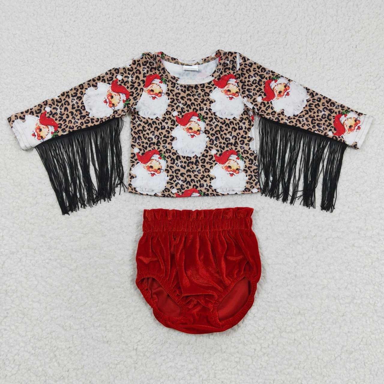 SS0103 Red Gold Velvet Briefs+GT0186 Santa Claus Leopard Fringe Top