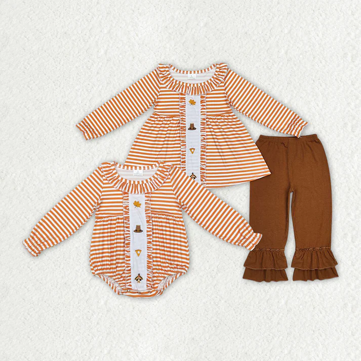 RTS NO MOQ Eta 5/7days Baby Girls embroidery Thanksgiving Turkey Rompers Pants Clothes Sets