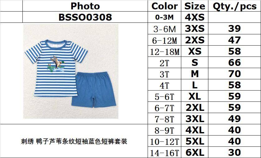 BSSO0308 Embroidered duck reed striped short sleeve blue shorts suit