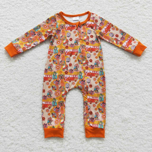 LR0485 Flower Bus Butterfly Orange Zipper Long Sleeve Bodysuit