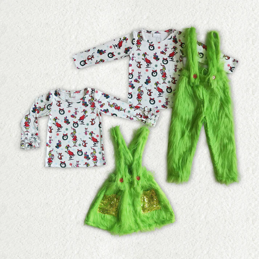 RTS NO MOQ Boys and Girls Christmas Tree Fur Long Sleeve and Pants Set