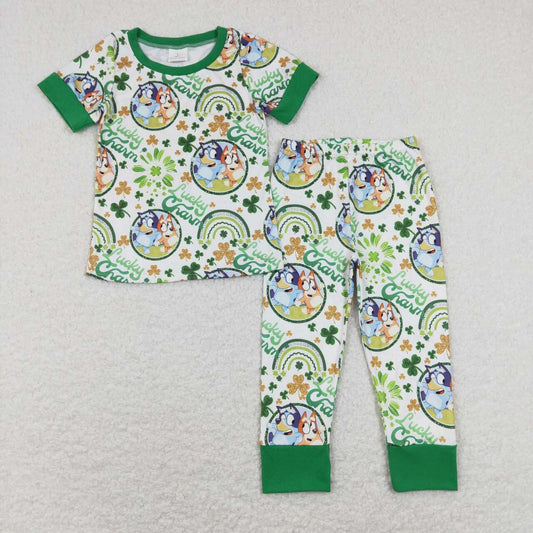 BSPO0251 lucky charm cartoon bluey four-leaf clover white green short-sleeved trousers suit