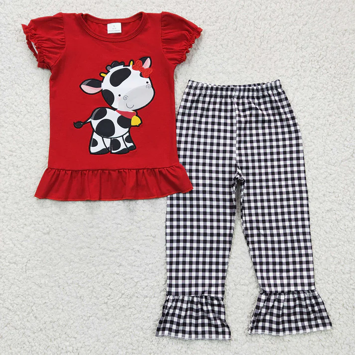 RTS Baby Girls Boys Cow Plaid Embroidery Sibling Clothes Sets