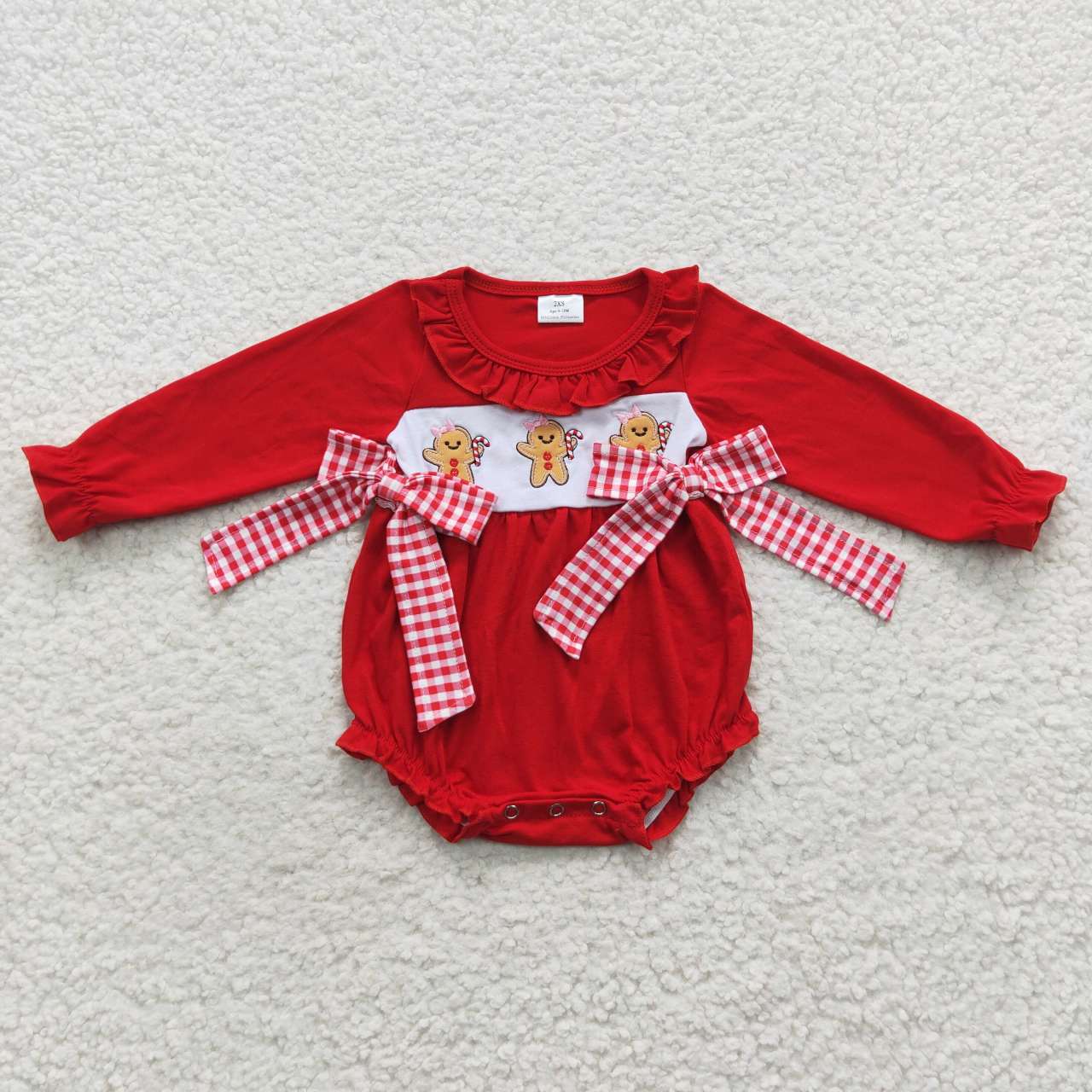 LR0393 Embroidered Gingerbread Man Red Plaid Bow Lace Long Sleeve Onesie