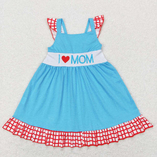 GSD0594 I love mom embroidered letters red and white plaid lace blue flying sleeve dress