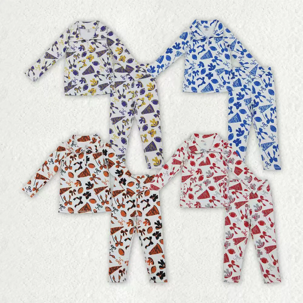 RTS NO MOQ Sibling baby girl clothes team cheer bow long sleeve pants sets