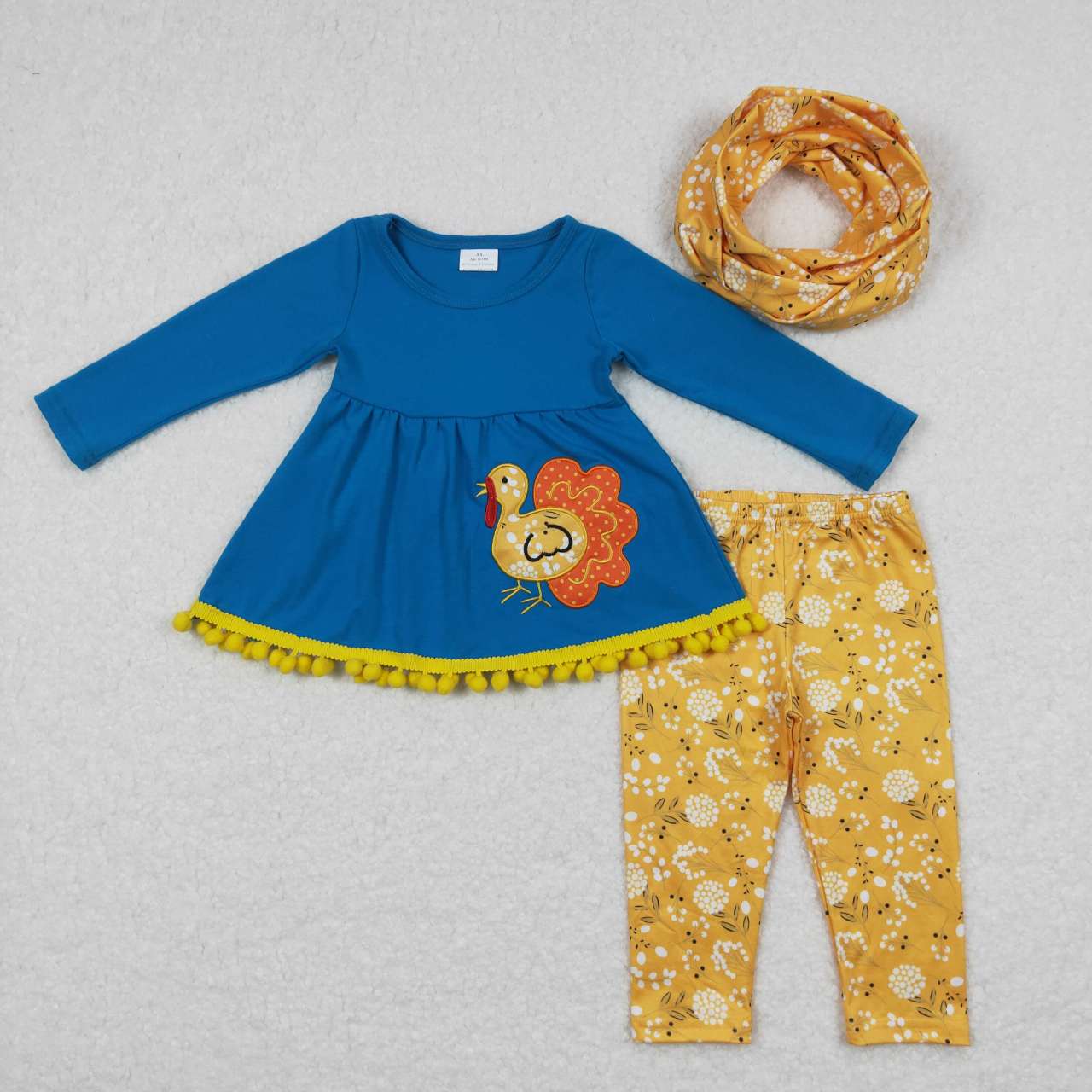 GLP0720 Embroidered Turkey Blue Long Sleeve Flower Yellow Pants Suit Three-piece Scarf Set