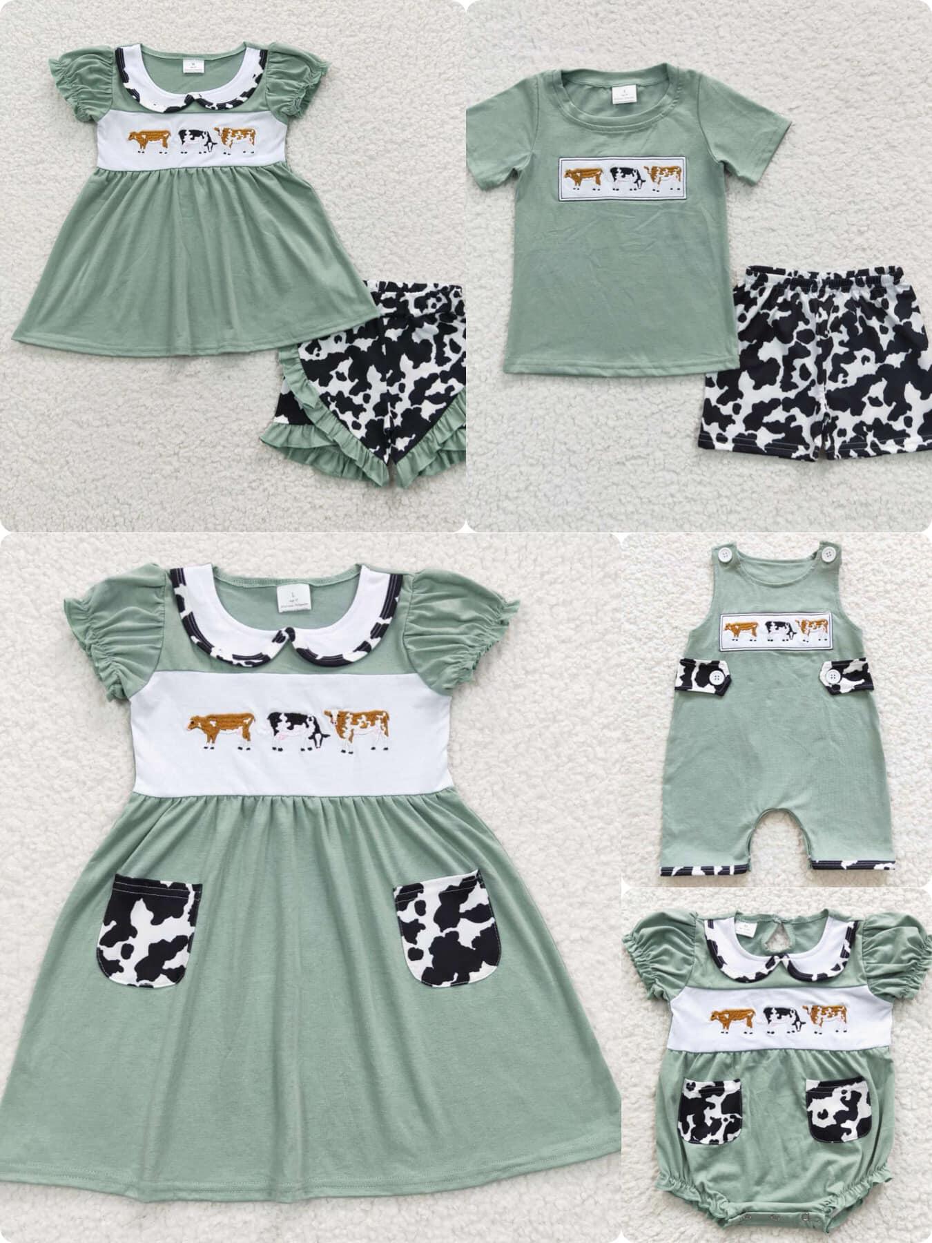 RTS	  BSSO0264 Boys Embroidered Cow Green Short Sleeve Cow Pattern Shorts