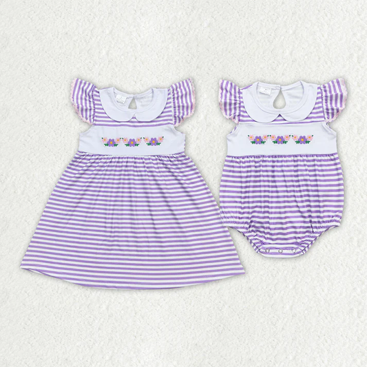 RTS Baby Girls Purple Stripes Flowers Dresses Rompers Sibling Sister Designs