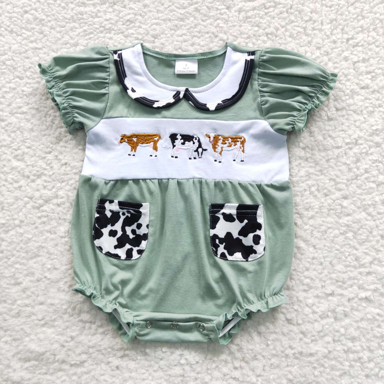 SR0373 Girls Embroidered Cow Green Pocket Short Sleeve Bodysuit