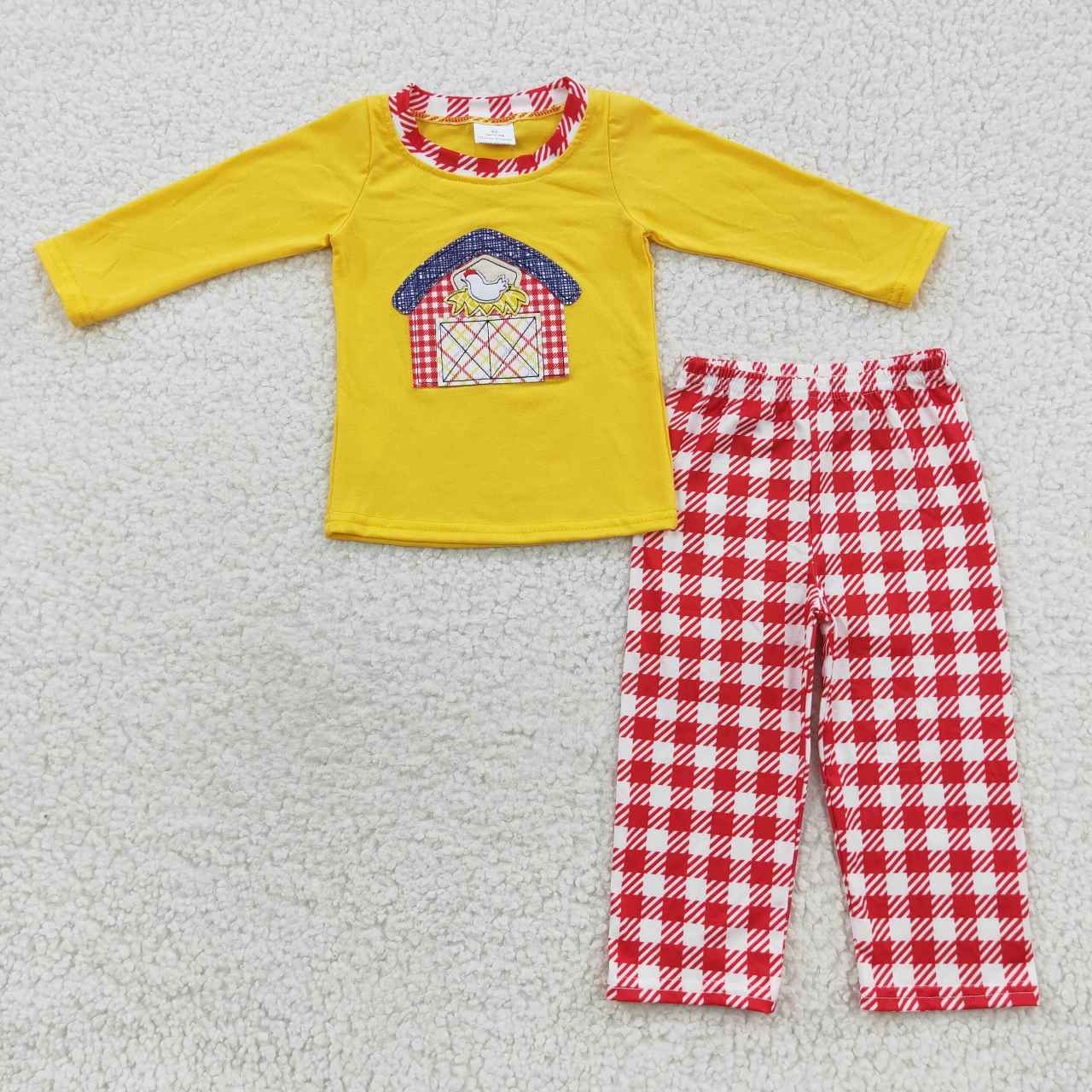 BLP0198 Embroidery Farm Chicken Red House Red Plaid Yellow Long Sleeve Trouser Set