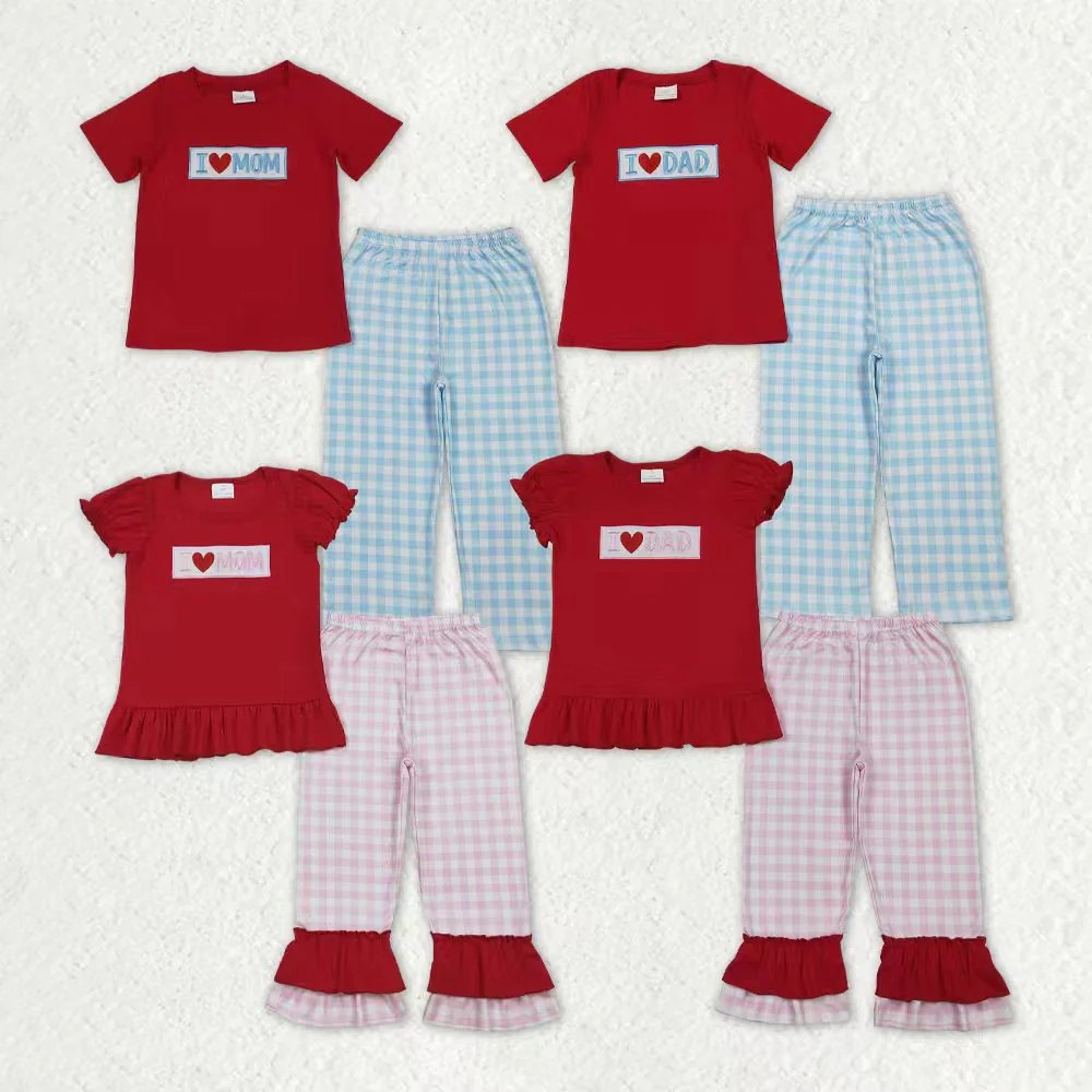 RTS NO MOQ Sibling baby girl boy clothes Embroidered i loe dad mom short-sleeved pants sets